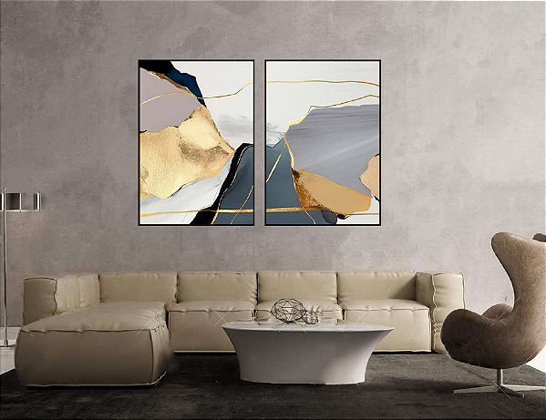 KIT 2 QUADROS DECORATIVOS LINHAS E FORMAS ORGÂNICAS ABSTRATAS 70X50CM SEM VIDRO