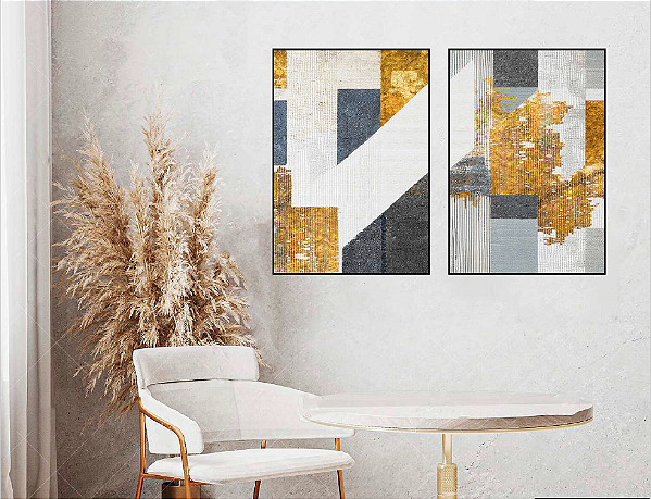 KIT 2 QUADROS DECORATIVO LINHAS E FORMAS ORGÂNICAS ABSTRATAS 70X50CM SEM VIDRO