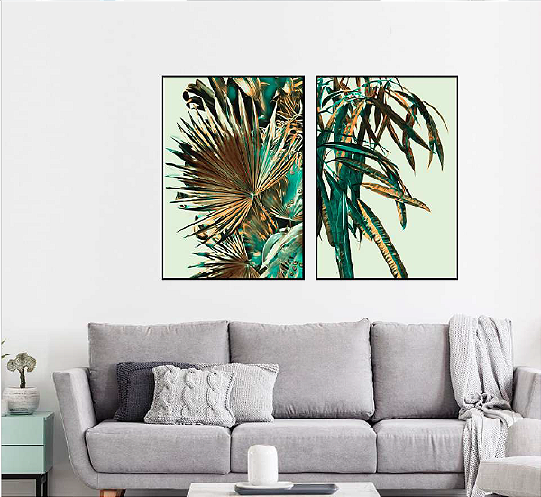 KIT 2 QUADROS DECORATIVOS FLORES VERDES 50X70CM SEM VIDRO