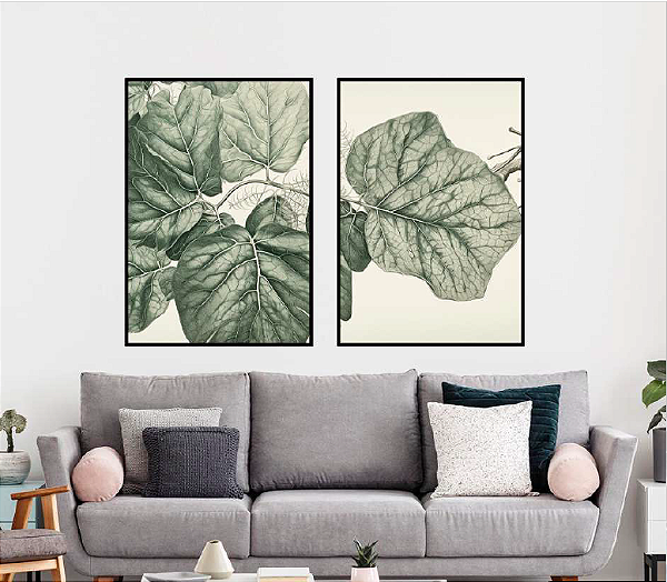 KIT 2 QUADROS DECORATIVOS FLORES FOLHAGEM 50X70CM SEM VIDRO