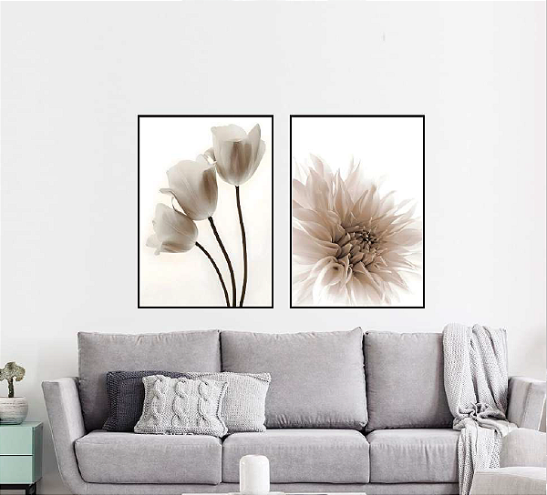 KIT 2 QUADROS DECORATIVOS FLORES 50X70CM SEM VIDRO