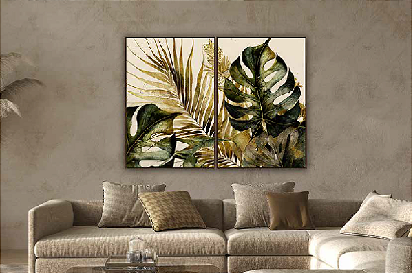 KIT 2 QUADROS DECORATIVOS FOLHAGEM 50X70CM SEM VIDRO