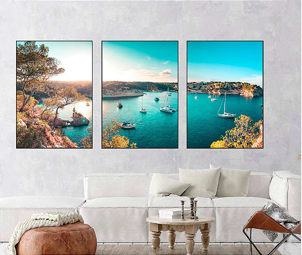 KIT 3 QUADROS DECORATIVOS PAISAGENS 50X70CM SEM VIDRO