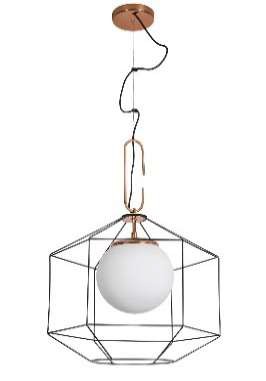 PENDENTE USINA 17215/1 GOIABA PRETO COM SOQ. DOURADO 360X360X390MM GLOBO LEITOSO Ø200 E-27