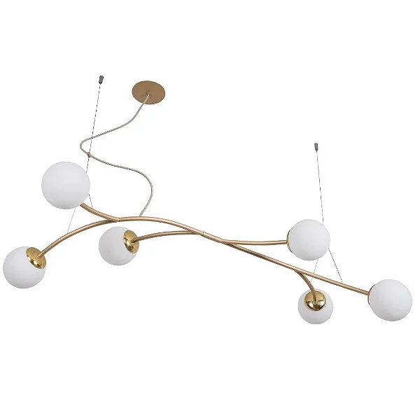 PENDENTE USINA 16856/10 ZUCA DOURADO C/ GLOBO LEITOSO 690X1500X320MM G9