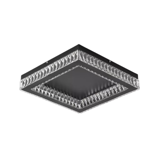 PLAFON SKYLIGHT SKY-3064PT DIAMOND 42X42X8CM PRETO METAL E CRISTAL 3000K 1920LM