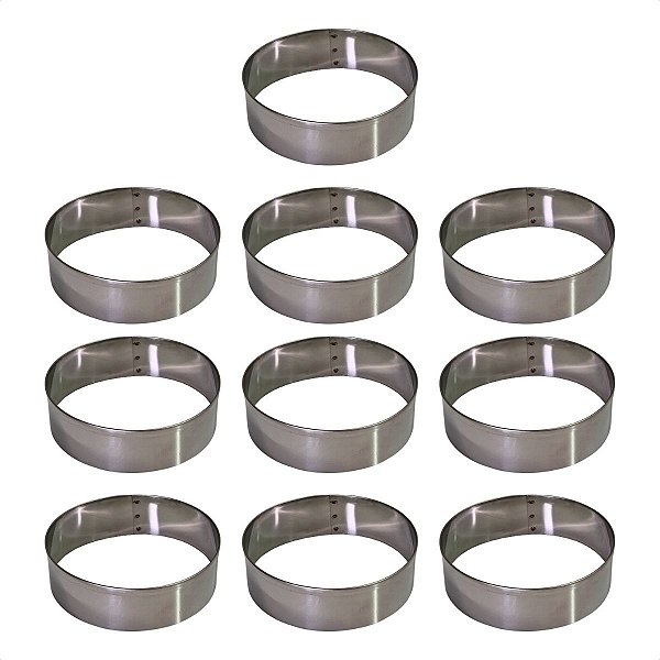 10 Aros Modelador Pão Hambúrguer 12 x 3 cm Inox 0,5 mm