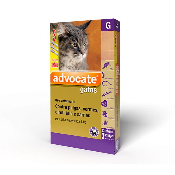 Antipulgas Combo Advocate para Gatos De 0,8ml 4 a 8 Kg C/ 3 Pipetas - Elanco