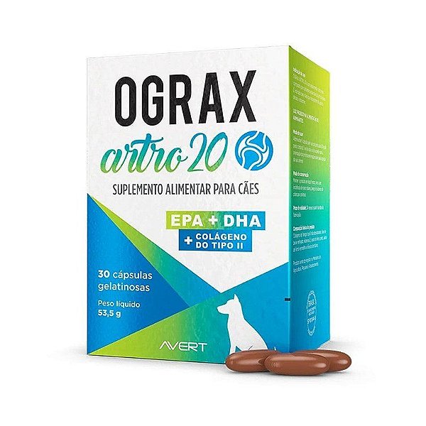 Suplemento Ograx Artro Avert para Saúde Articular de Cães e Gatos 20 Cápsulas