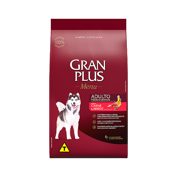 Ração Granplus Menu para Cães Adultos de Porte Médio e Grande Sabor Carne e Arroz 10,1kg