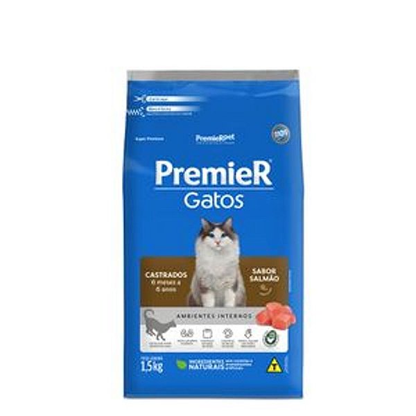 Ração Seca Premier Gatos Ambientes Internos Castrados Sabor Salmão 1,5kg