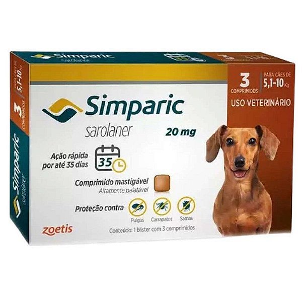 Antipulgas Zoetis Simparic 20mg para Cães de 5,1 a 10kg com 3 Comprimidos