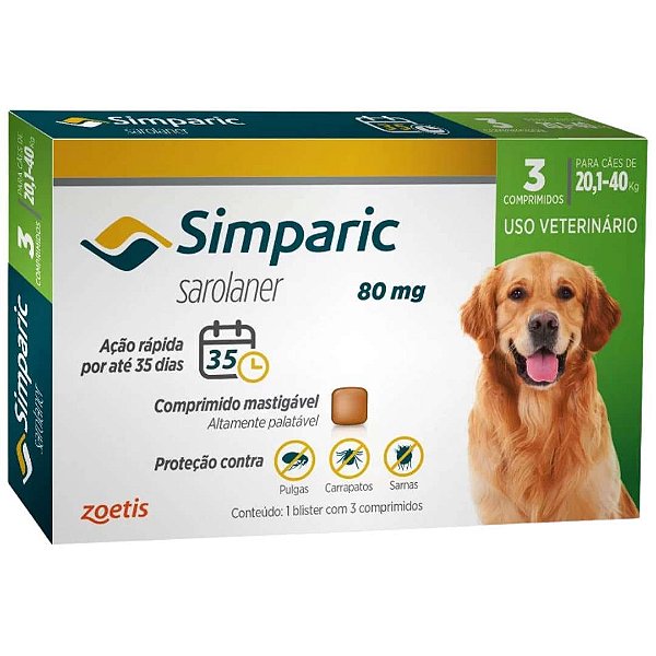 Antipulgas Zoetis Simparic 80 Mg Para Cães 20,1 A 40 Kg C03 Comprimidos