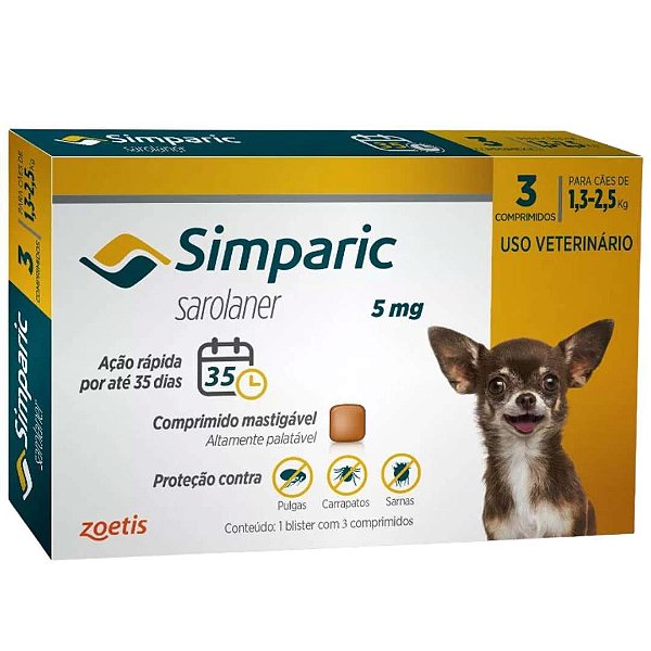 Antipulgas Zoetis Simparic 5 Mg Para Cães 1,3 A 2,5 Kg C/03 Comprimidos