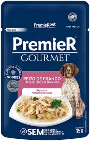 Ração Úmida Premier Gourmet Cães Adultos Portes Médio e Grande Peito de Frango, Batata Doce e Brócolis 85g