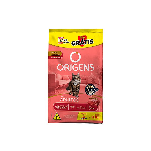 Ração Origens para Gatos Adultos Sabor Carne - Leve 11,1kg, Pague 10,1kg