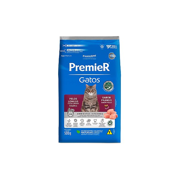 Ração Premier Ambientes Internos Gatos Adultos Pelos Longos Frango 500g