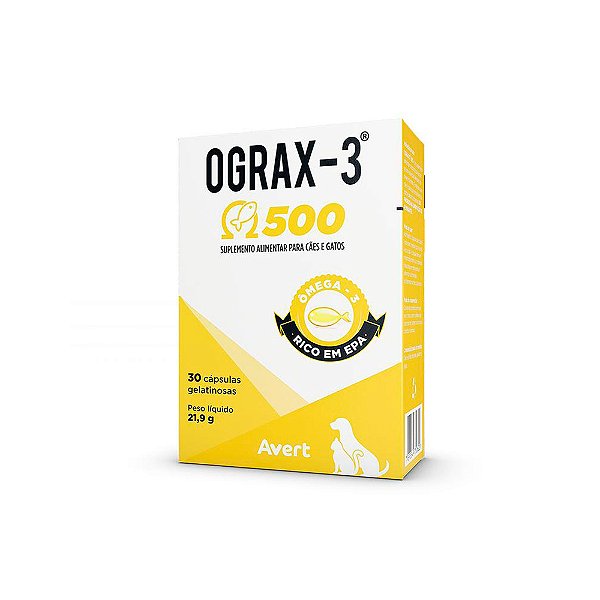 Suplemento Avert Ograx-3 500 Para Cães e Gatos 30 Cápsulas - Avert