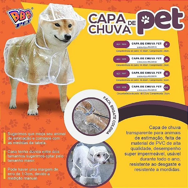Capa de Chuva Impermeável e Ajustável BBB Pet para Cães Pequenos 1 unidade