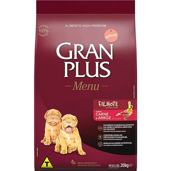 Ração Gran Plus Menu Para Cães Filhotes Raças Médias e Grandes Sabor Carne e Arroz Saco 20kg