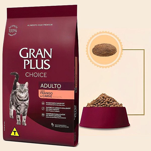 Ração Seca Gran Plus Choice para Gatos Adultos Sabor Frango e Carne 10,1kg