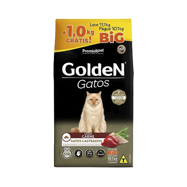 Ração Seca Premier Pet Golden Gatos Adultos Castrados Carne Big 10,1 Kg+1 Kg
