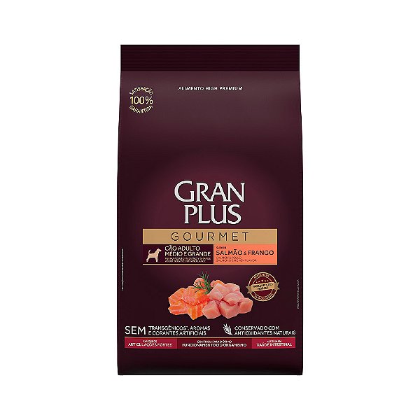 Ração GranPlus Gourmet Para Cães Adultos Raças Médias Sabor Salmão e Frango 10,1Kg