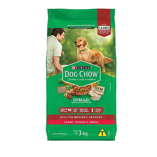 Ração Purina Dog Chow Extra Life Carne, Frango E Arroz Cães Adultos Raças M E G 3kg