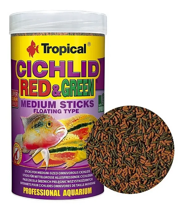 Ração Tropical Cichlid Red & Green Medium Sticks - Pote 90g