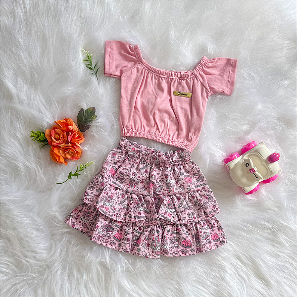 Conjunto Cropped Rosa e Saia Estampada Bebê Rosa tamanho 6 a 9 meses
