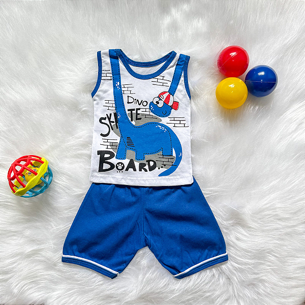 Conjunto Camiseta Regata Dinossauro Branco/Azul e Shorts Azul Bebê Menino tamanho 9 a 12 meses