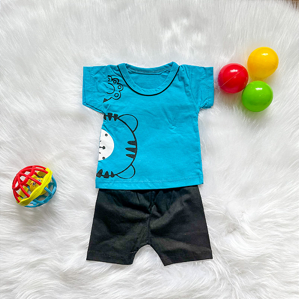 Conjunto Camiseta Manga Curta Tigre e Shorts Bebê Menino tamanho 3 a 6 meses
