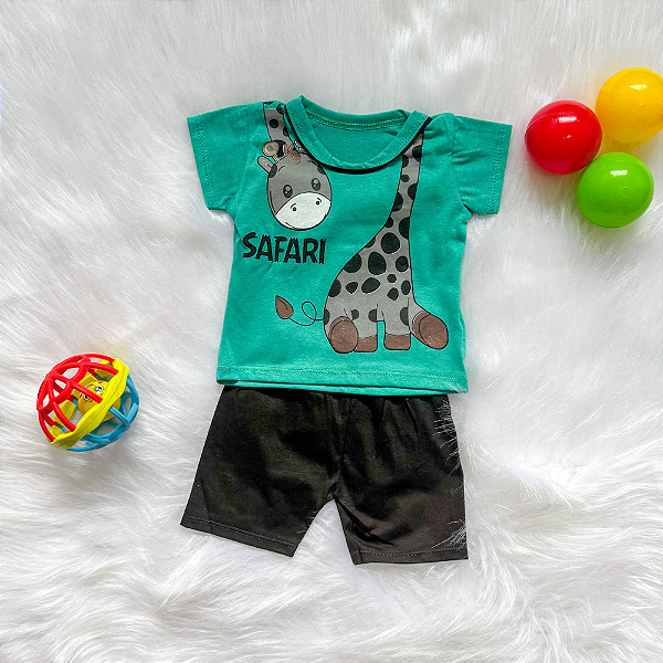 Conjunto Camiseta Manga Curta Safári e Shorts Bebê Menino tamanho 3 a 6 meses