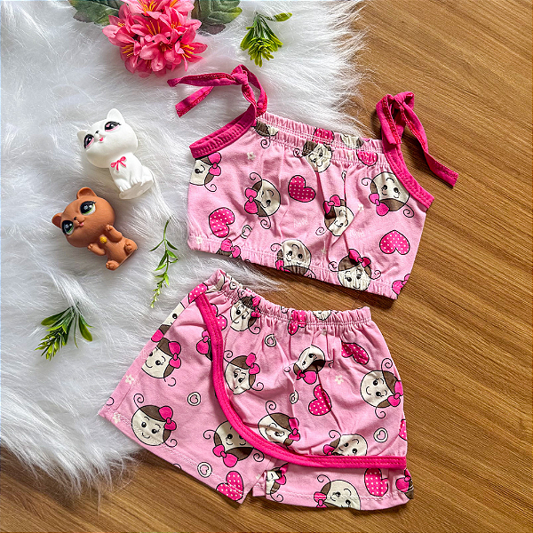 Conjunto Cropped e Shorts Bebê Rosa tamanho 9 a 12 meses