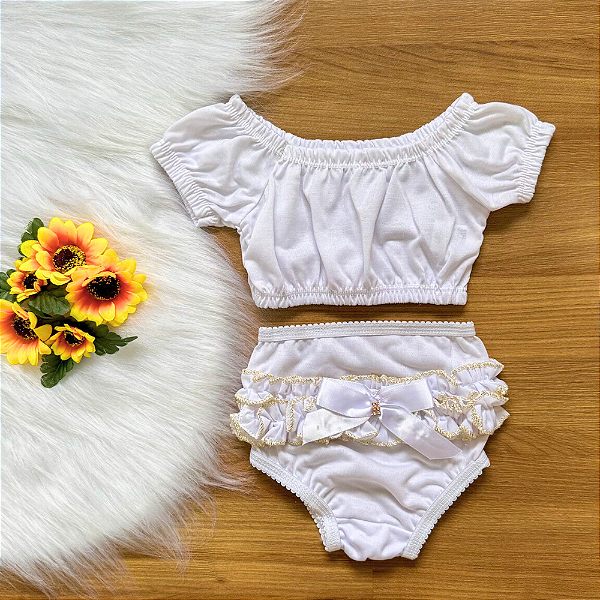 Conjunto Cropped e Calcinha Bebê Branco tamanho 6 9 meses