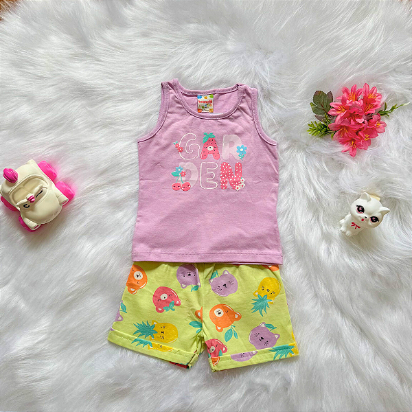 Conjunto Blusa Regata Garden e Shorts Bebê Menina tamanho G 9 meses