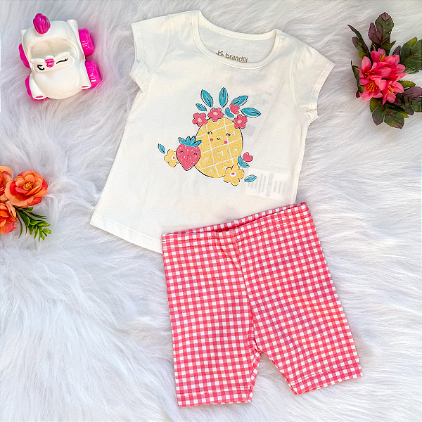 Conjunto Blusa Manga Curta Abacaxi Morango e Bermuda Ciclista Bebê Menina tamanho M 6 meses