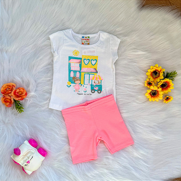 Conjunto Blusa Manga Curta Passeio de Verão e Bermuda Ciclista Bebê Menina tamanho P 3 meses