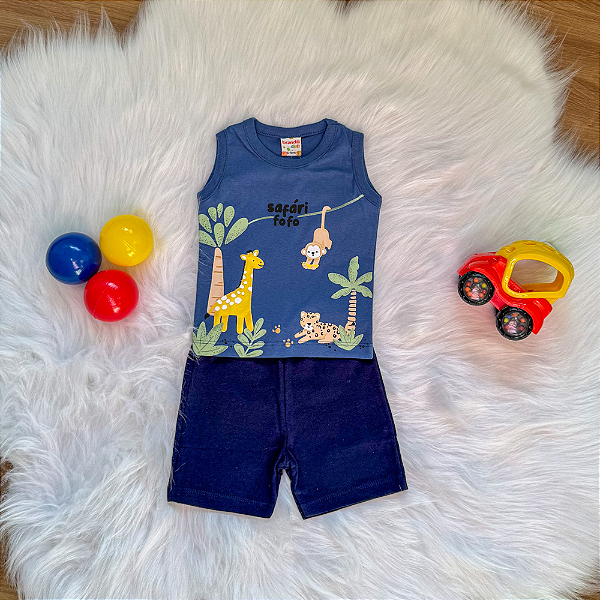 Conjunto Camiseta Regata Safári e Bermuda Bebê Menino tamanho G 9 meses