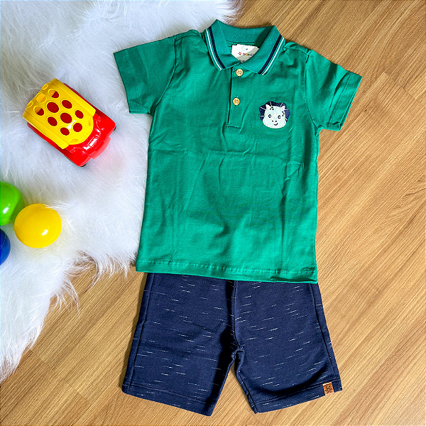 Conjunto Camiseta Gola Polo Verde e Bermuda Azul Marinho Menino tamanho 3