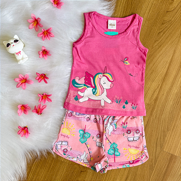 Conjunto Blusa Regata Unicórnio Pink e Shorts Estampado Rosa Menina Tamanho 1