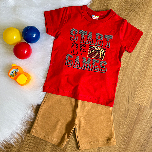 Conjunto Camiseta Manga Curta Vermelha Games e Bermuda Marrom Menino Tamanho 2