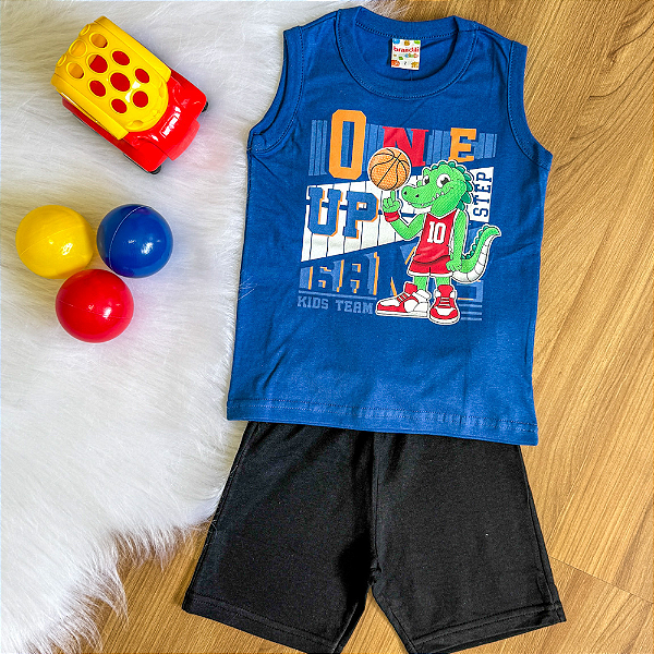 Conjunto Camiseta Regata Kids Team Azul e Bermuda Preta Menino Tamanho 2