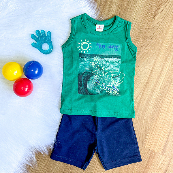 Conjunto Camiseta Regata Big Wave Verde e Bermuda Azul Marinho Menino Tamanho 1