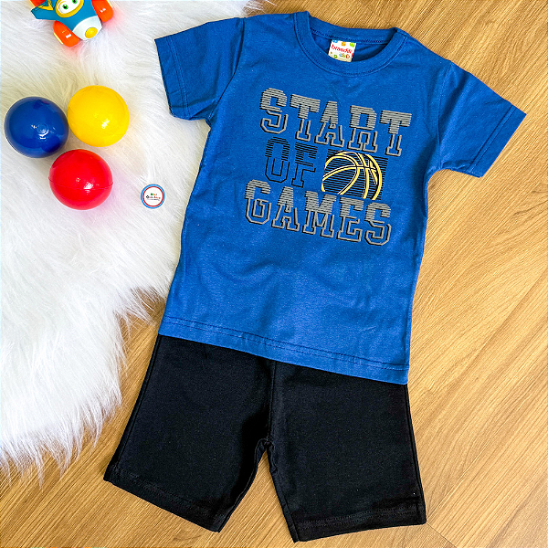 Conjunto Camiseta Manga Curta Azul Games e Bermuda Preta Menino Tamanho 3