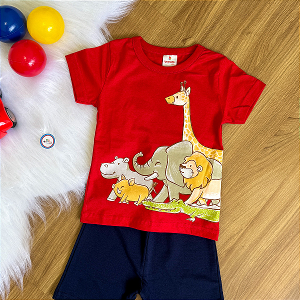 Conjunto Camiseta Manga Curta Animais Vermelha e Bermuda Azul Marinho Menino Tamanho 1