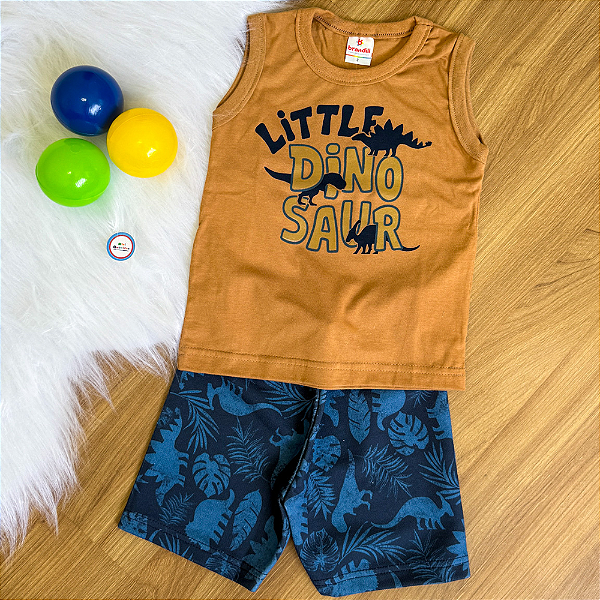 Conjunto Camiseta Regata Dino Marrom e Bermuda Azul Estampada Menino Tamanho 2