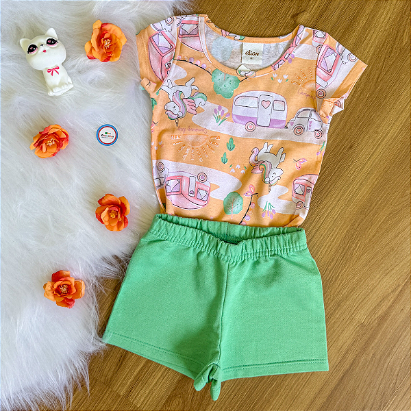 Conjunto Blusa Manga Curta Unicórnio Laranja e Shorts Verde Menina Tamanho 1