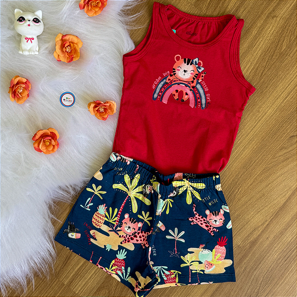 Conjunto Blusa Regata Vermelha e Shorts Estampado Azul Marinho Menina Tamanho 3