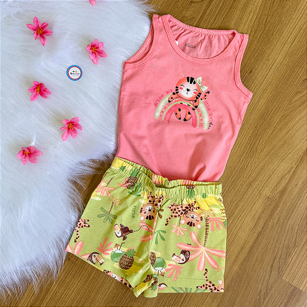 Conjunto Blusa Regata Rosa e Shorts Estampado Verde Menina Tamanho 1